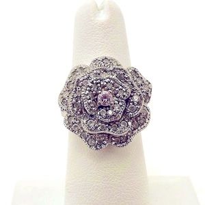 Sterling Silver Diamonique DQ Rose Flower Pink Cocktail Ring | Size 7